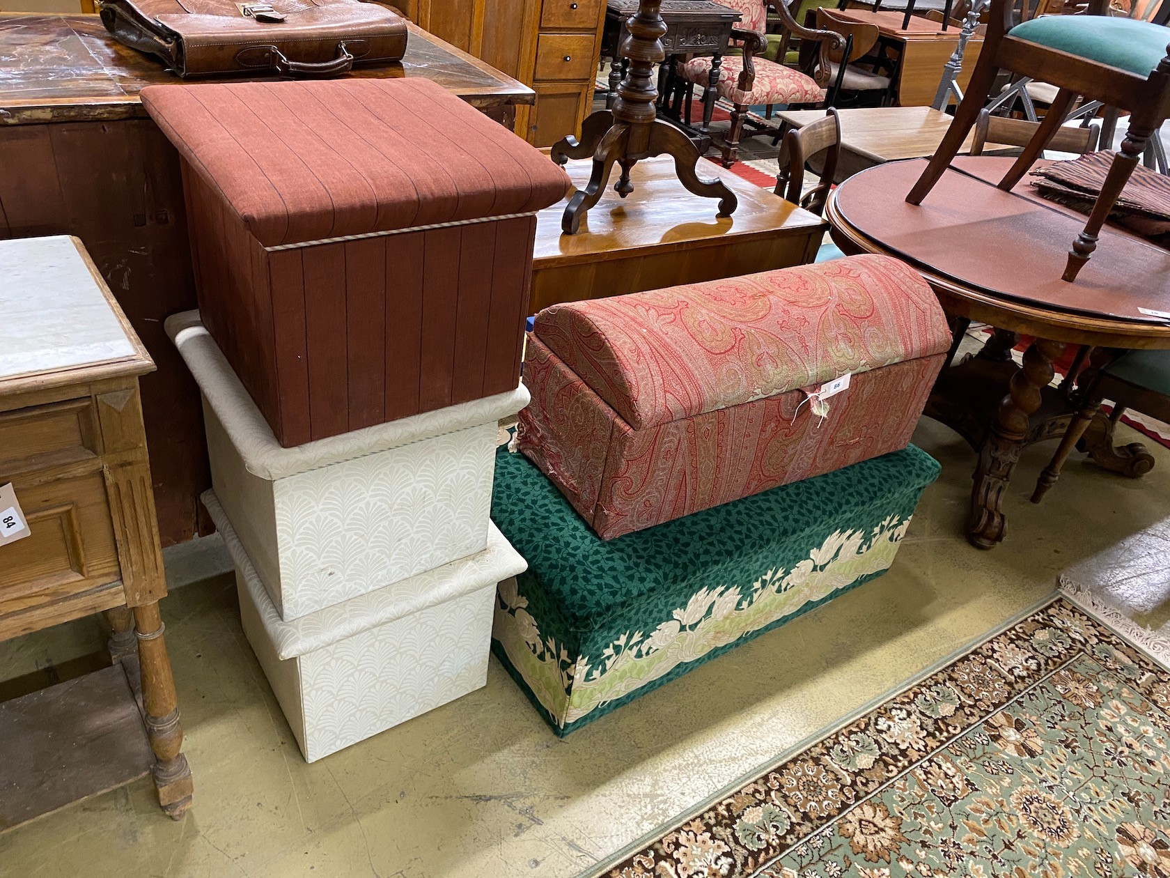 Five upholstered box ottomans, largest length 103cm, depth 57cm, height 35cm